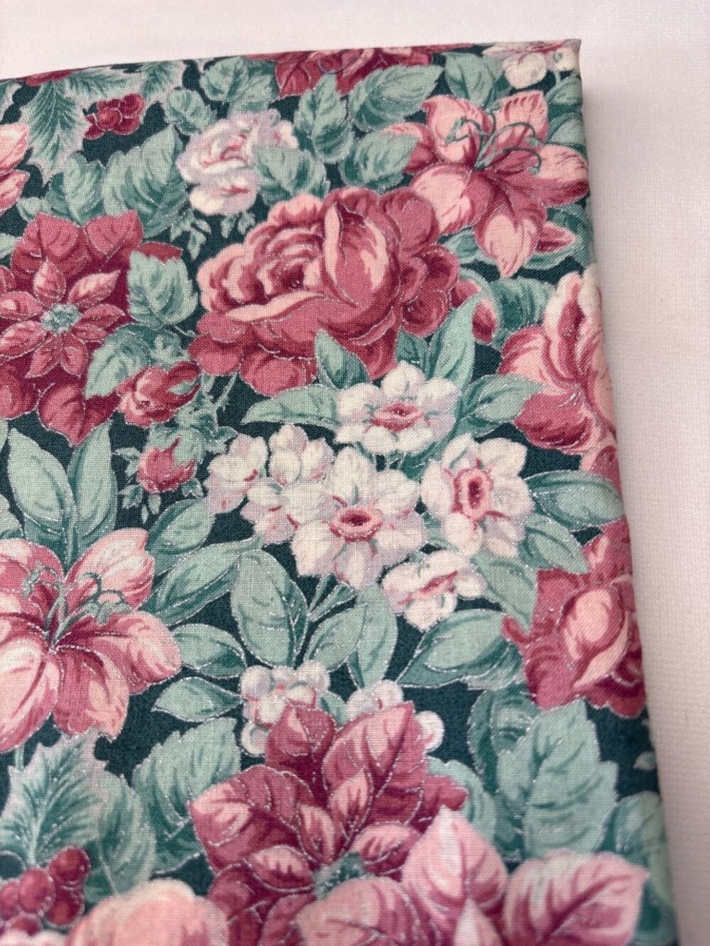 Floral Cotton Fabric 18x40" Green Pink Roses Sewing Quilting Material - Picture 7 of 11